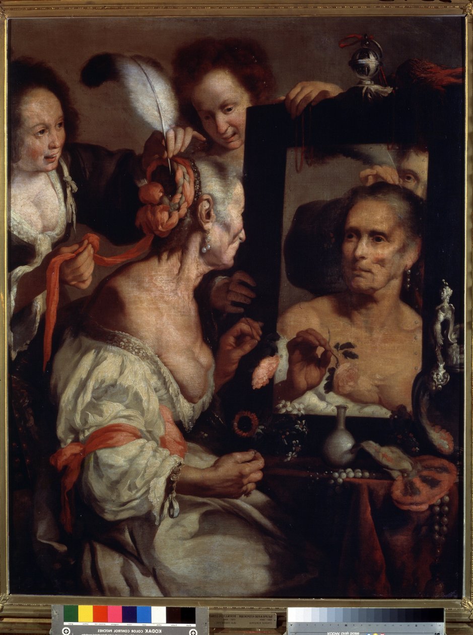 La vieja coqueta, vanidad (Vieja coqueta, vanitas). Pintura de Bernardo Strozzi (1581-1644). Óleo sobre tela de Bernardo Strozzi
