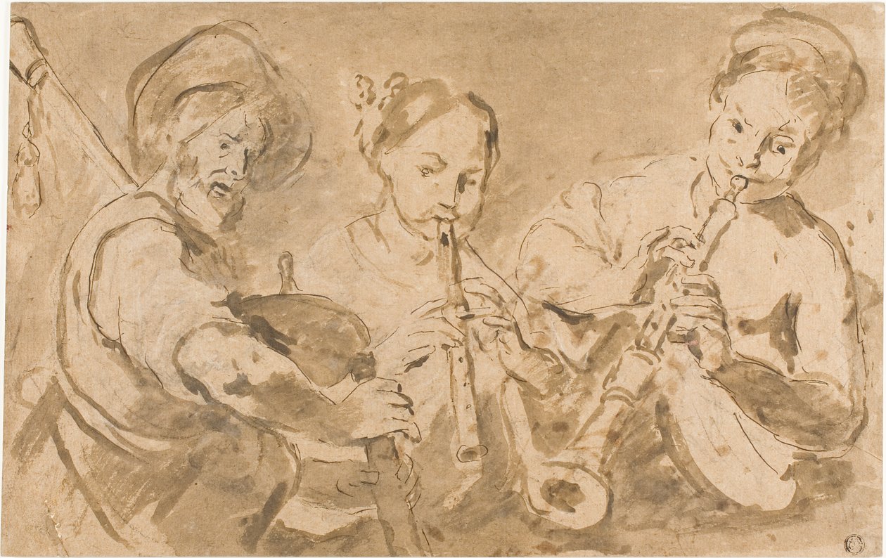 Tres músicos tocando las trompas y la gaita de Bernardo Strozzi