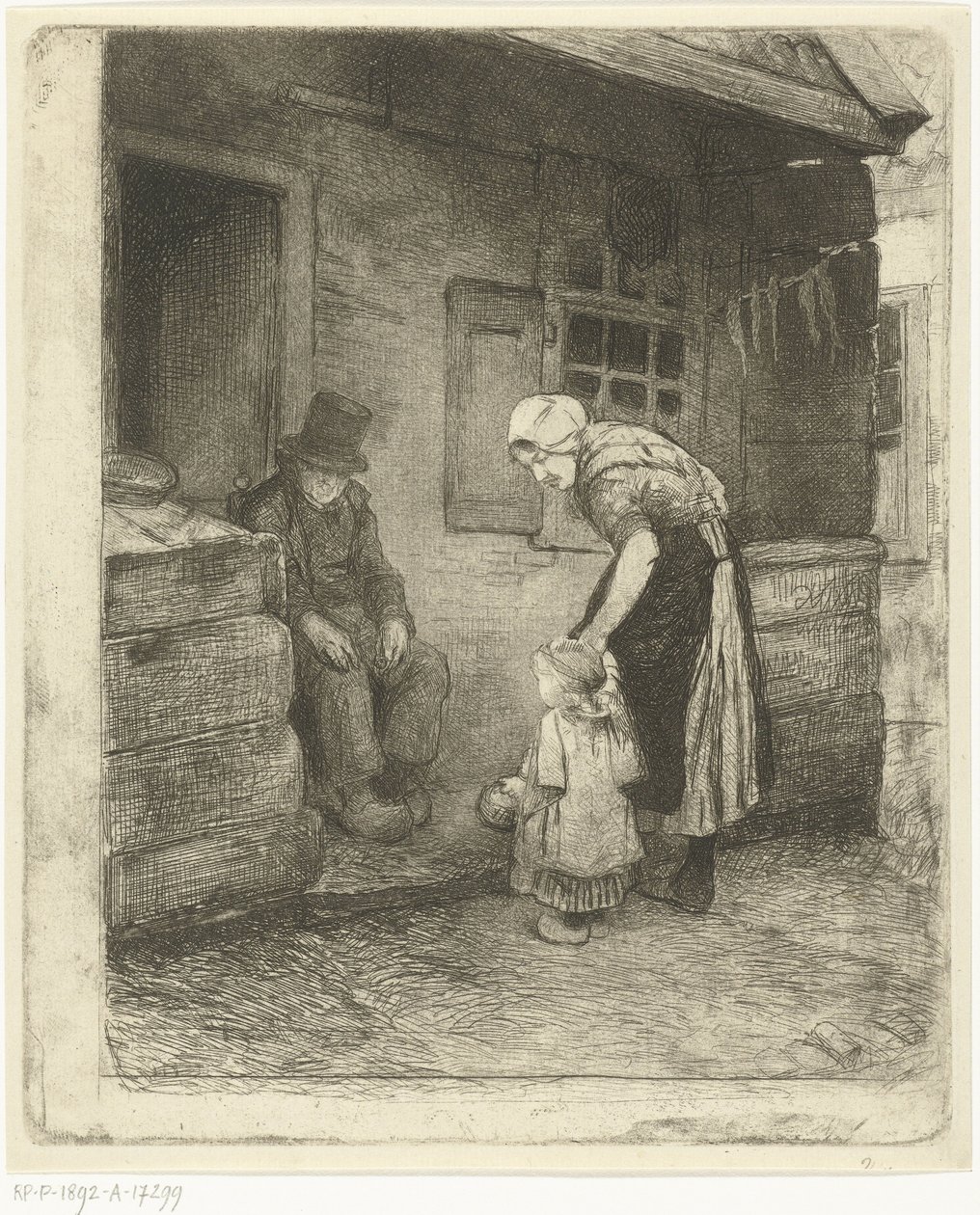 Una mujer con un niño pequeño se para con un anciano sentado frente a la casa del trabajador de Bernardus Johannes Blommers