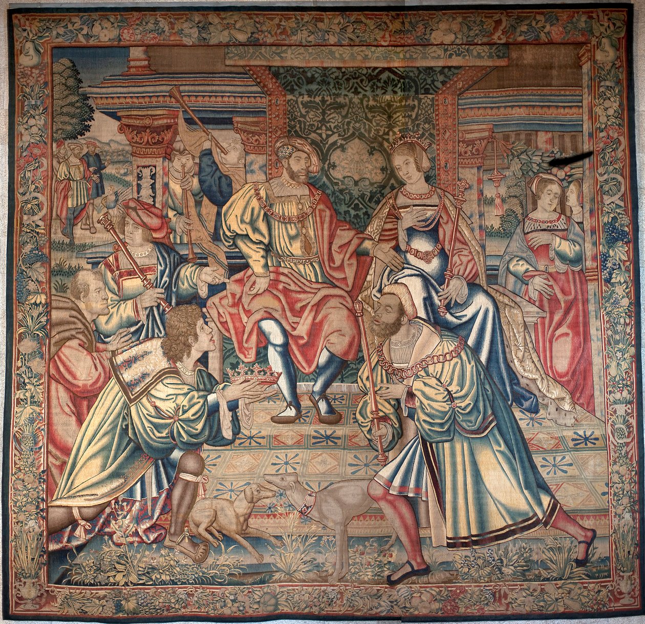 Ciclo de Edipo: Edipo y Yocasta - A la izquierda, Edipo resuelve el enigma de la esfinge, en el centro, Edipo se sienta en el trono junto a la Reina Yocasta, su madre - Tapiz de Bernart van (attr. to) Orley