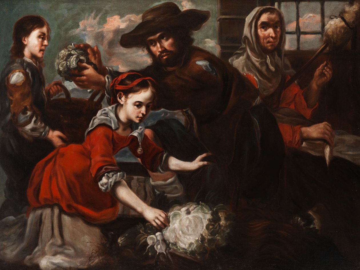 Escena de mercado con una joven vendedora de coles y una anciana hilandera de Bernhard Keil