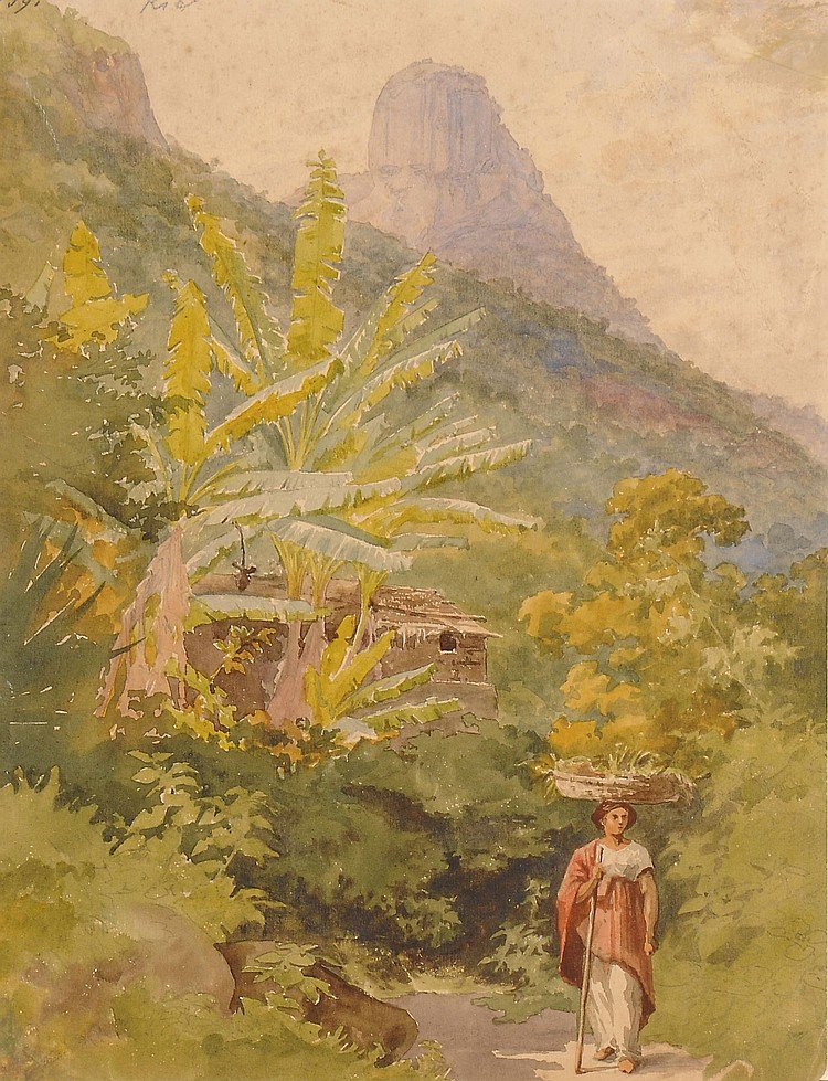 Una mujer brasileña llevando una cesta de frutas en la cabeza, con el Pan de Azúcar al fondo de Bernhard Wiegandt