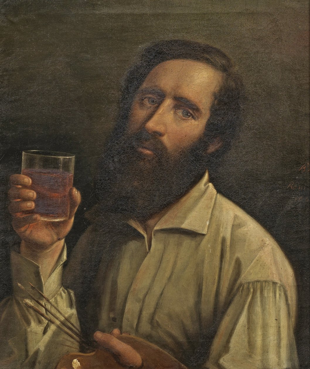 Bernhard Plockhorst - Autorretrato con paleta y copa de vino, 1854 de Bernhard Plockhorst