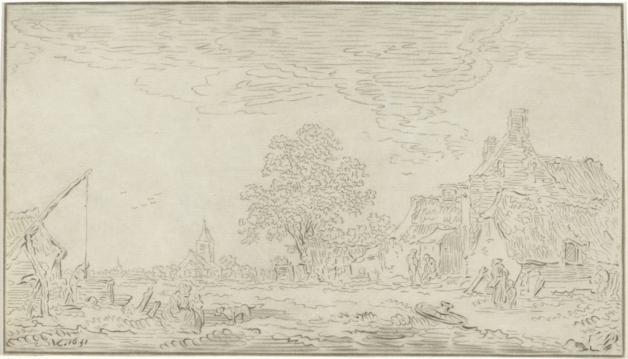 Vista de un pueblo con un pozo a la izquierda de Bernhard Schreuder