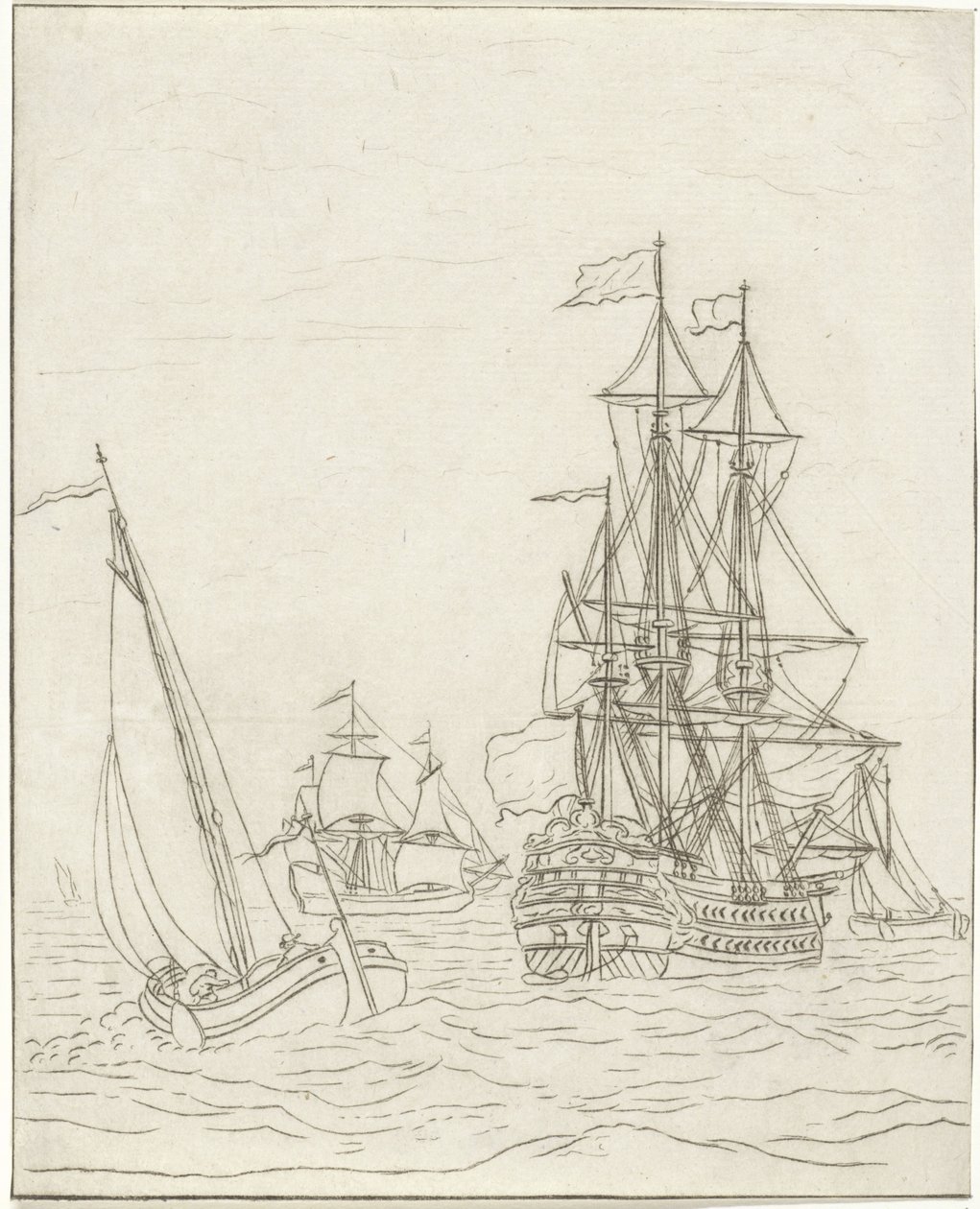 Un buque de guerra y tres veleros en alta mar de Bernhard Schreuder