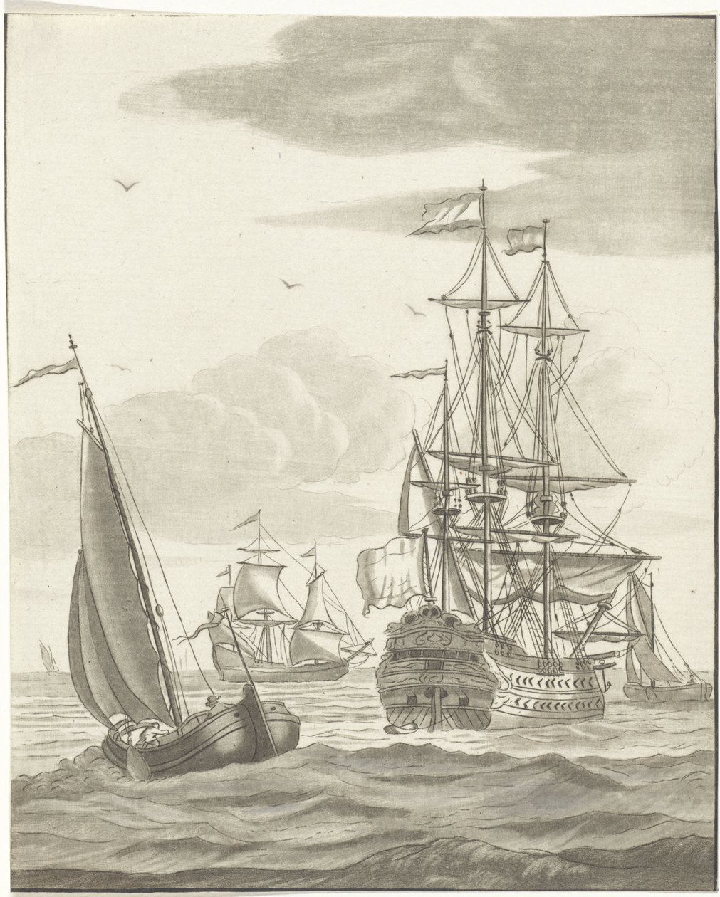 Un buque de guerra y tres veleros en alta mar de Bernhard Schreuder
