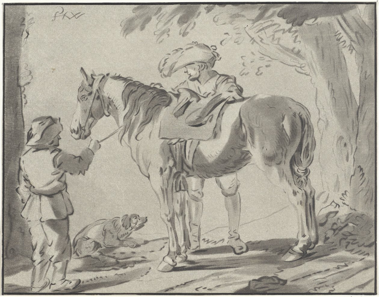 Dos hombres junto a un caballo de Bernhard Schreuder