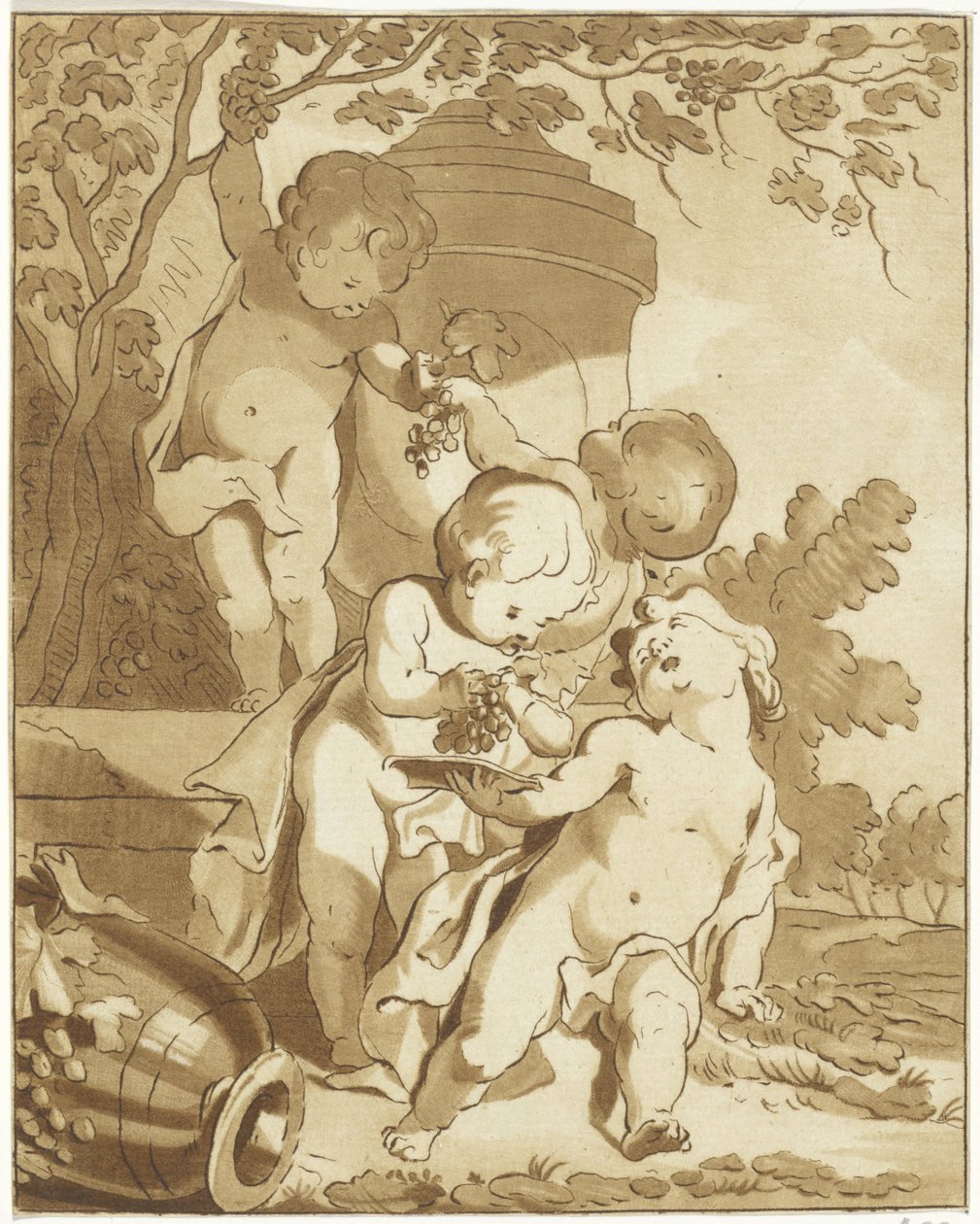 Cuatro putti recogiendo uvas junto a un jarrón de Bernhard Schreuder