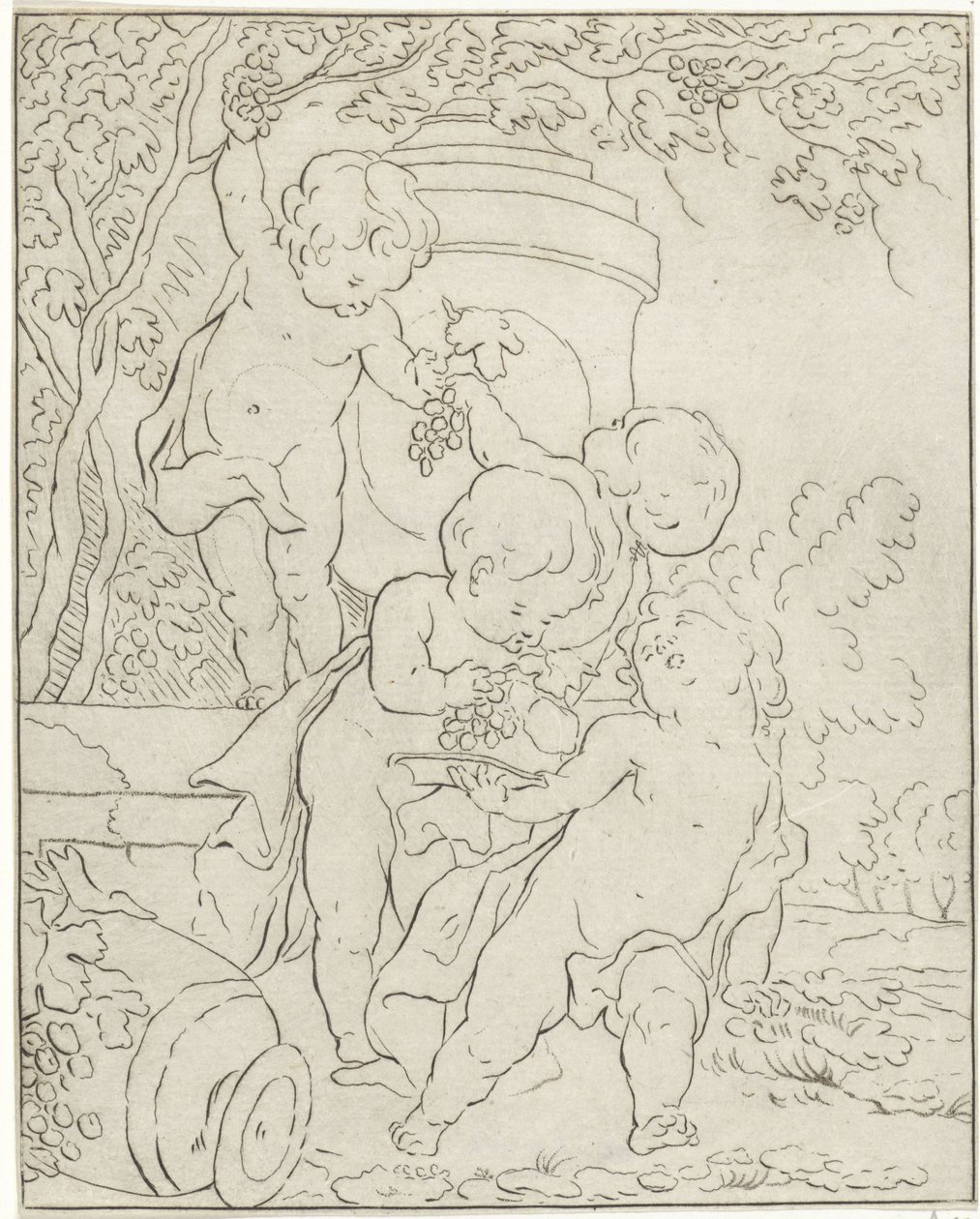 Cuatro putti recogiendo uvas junto a un jarrón de Bernhard Schreuder