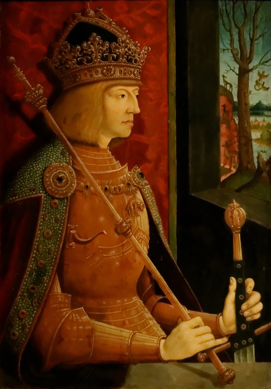 Emperador Maximiliano I con corona, cetro y espada de Bernhard Strigel