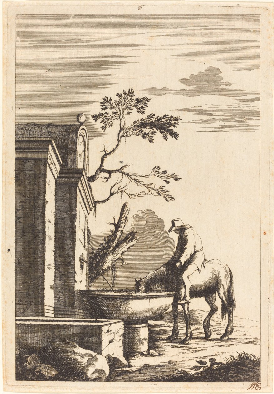 Caballo y jinete en una fuente de Bernhard Zaech after Jonas Umbach
