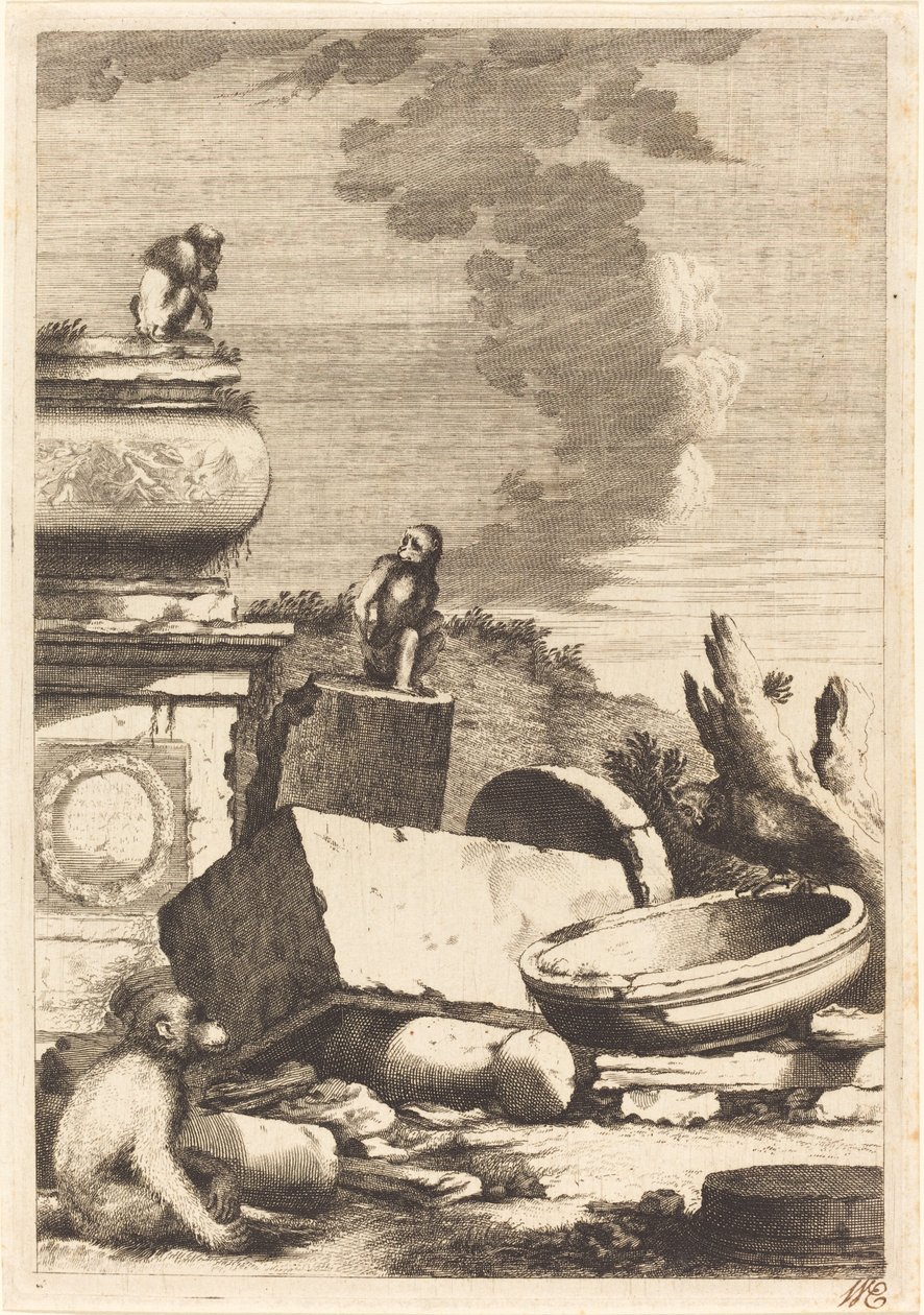 Ruinas con monos y un búho de Bernhard Zaech after Jonas Umbach