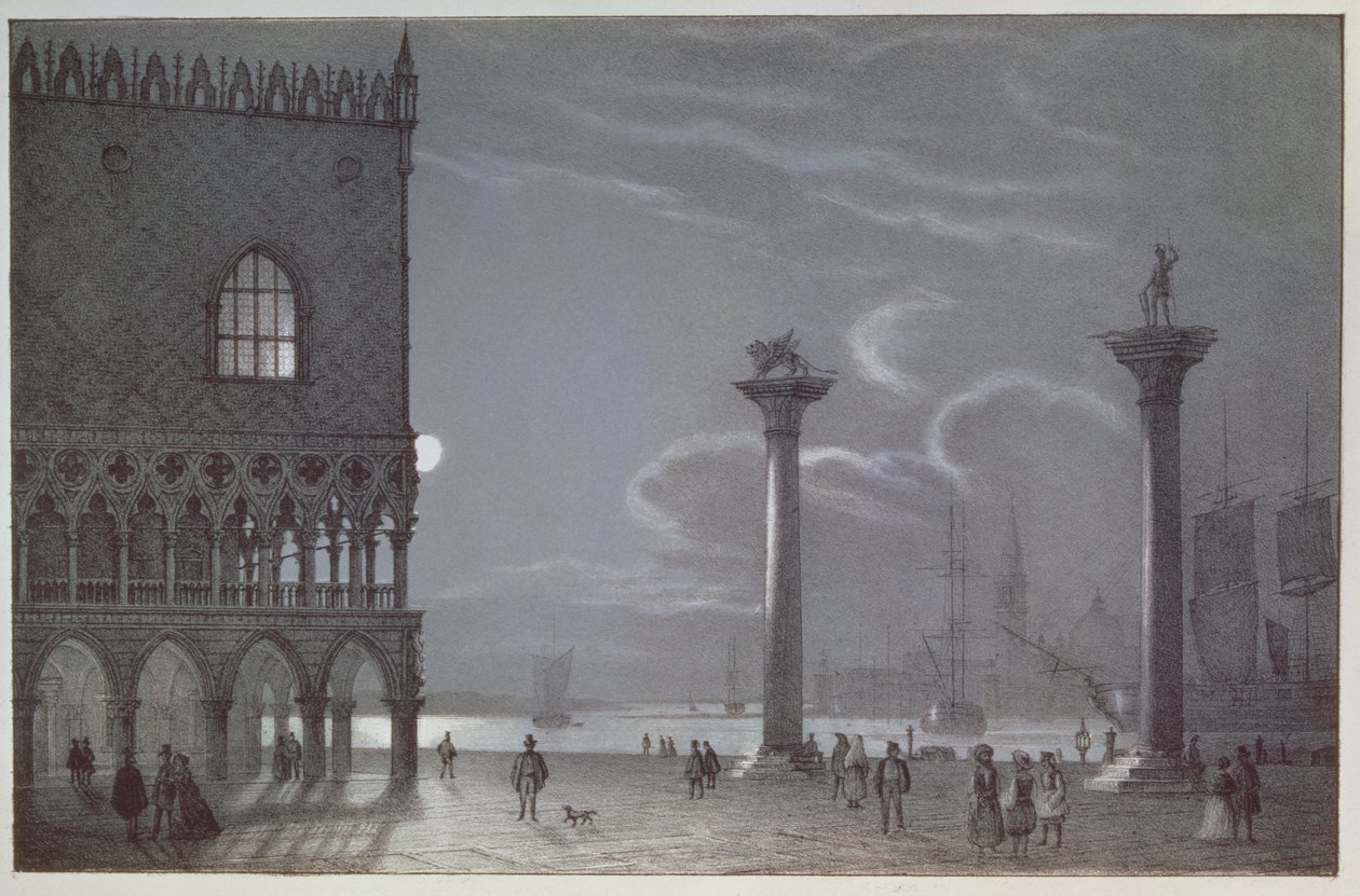 Escena nocturna del Palazzo Ducale y las dos columnas, Venecia, grabado por Brizeghel de Berselli