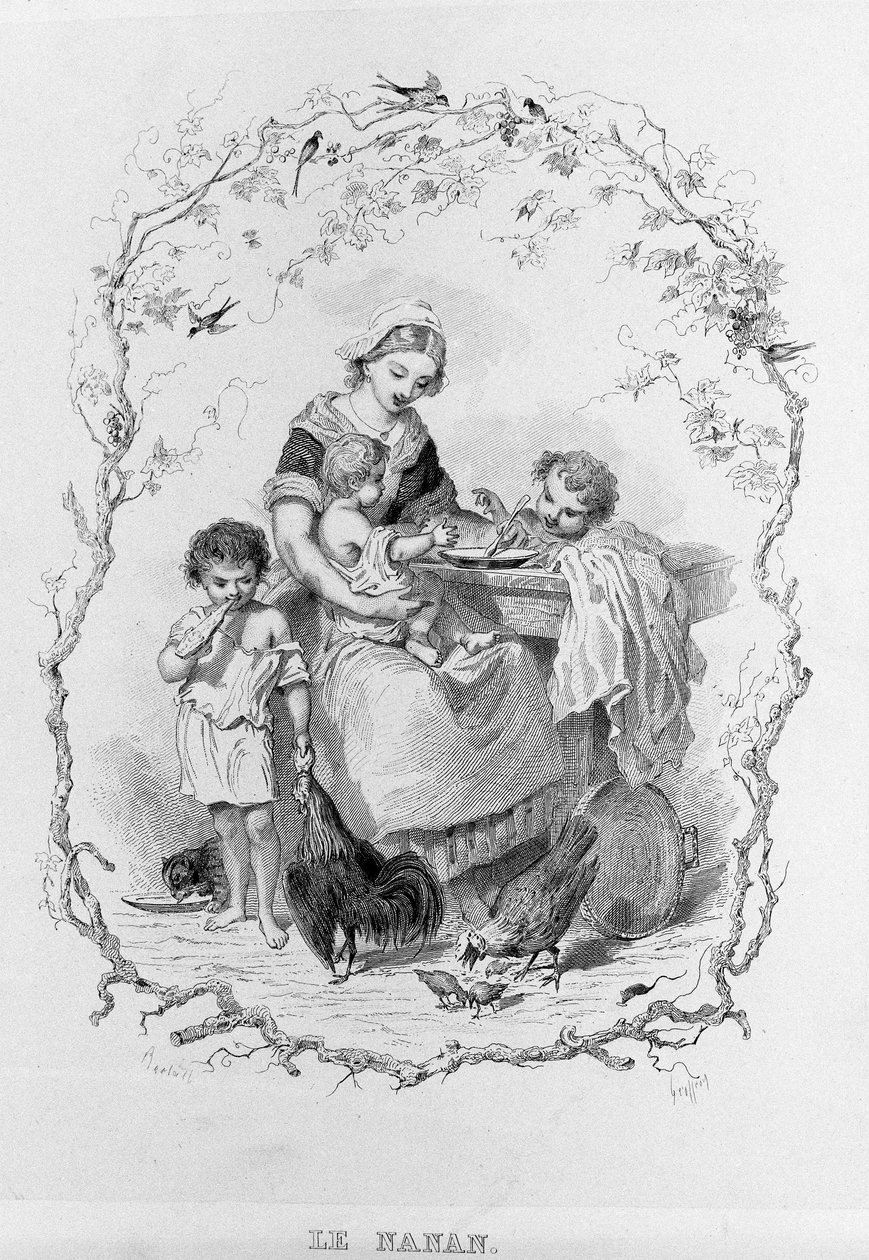 La nana: una joven madre da de comer a sus tres hijos en "La Fisiología del Gusto" de Brillat-Savarin ilustrado por Bertal. París 1840. Jean Anthelme Brillat-Savarin (1755-1826) gastrónomo francés. de Bertall