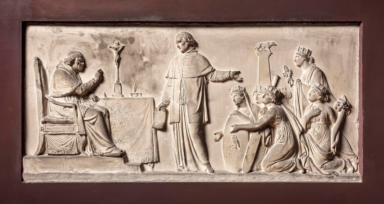El cardenal Ercole Consalvi restituye los Estados Pontificios a Pío VII de Bertel Thorvaldsen