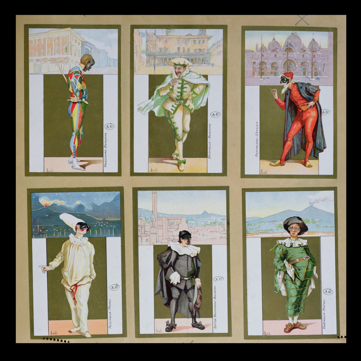 Conjunto de seis viñetas que representan personajes de la Commedia dell
