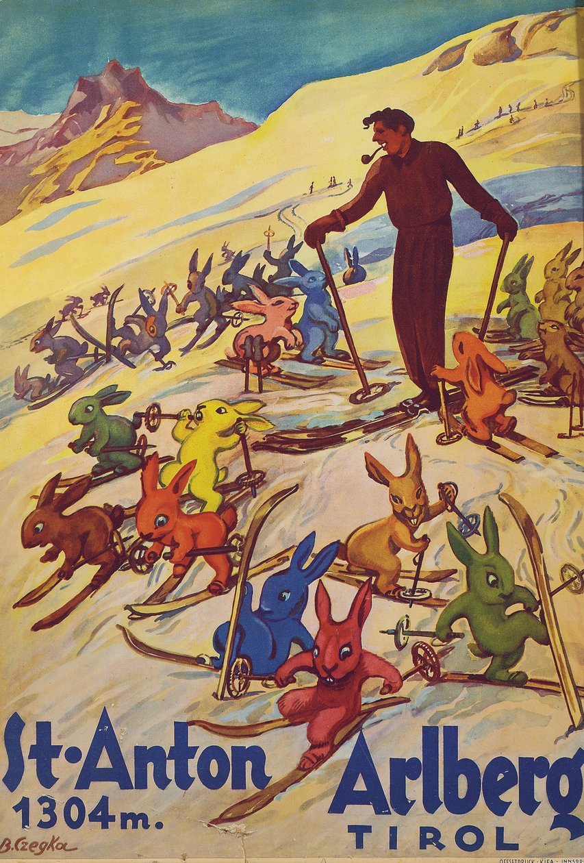 St. Anton, Arlberg, c.1930 (litografía en color) de Bertha Czegka