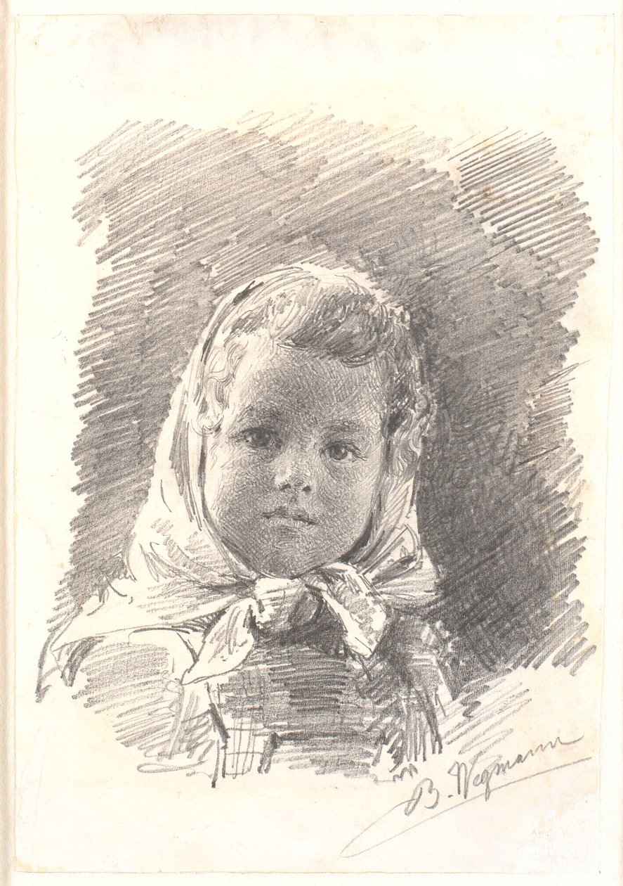 Retrato de una niña pequeña con pañuelo en la cabeza de Bertha Wegmann