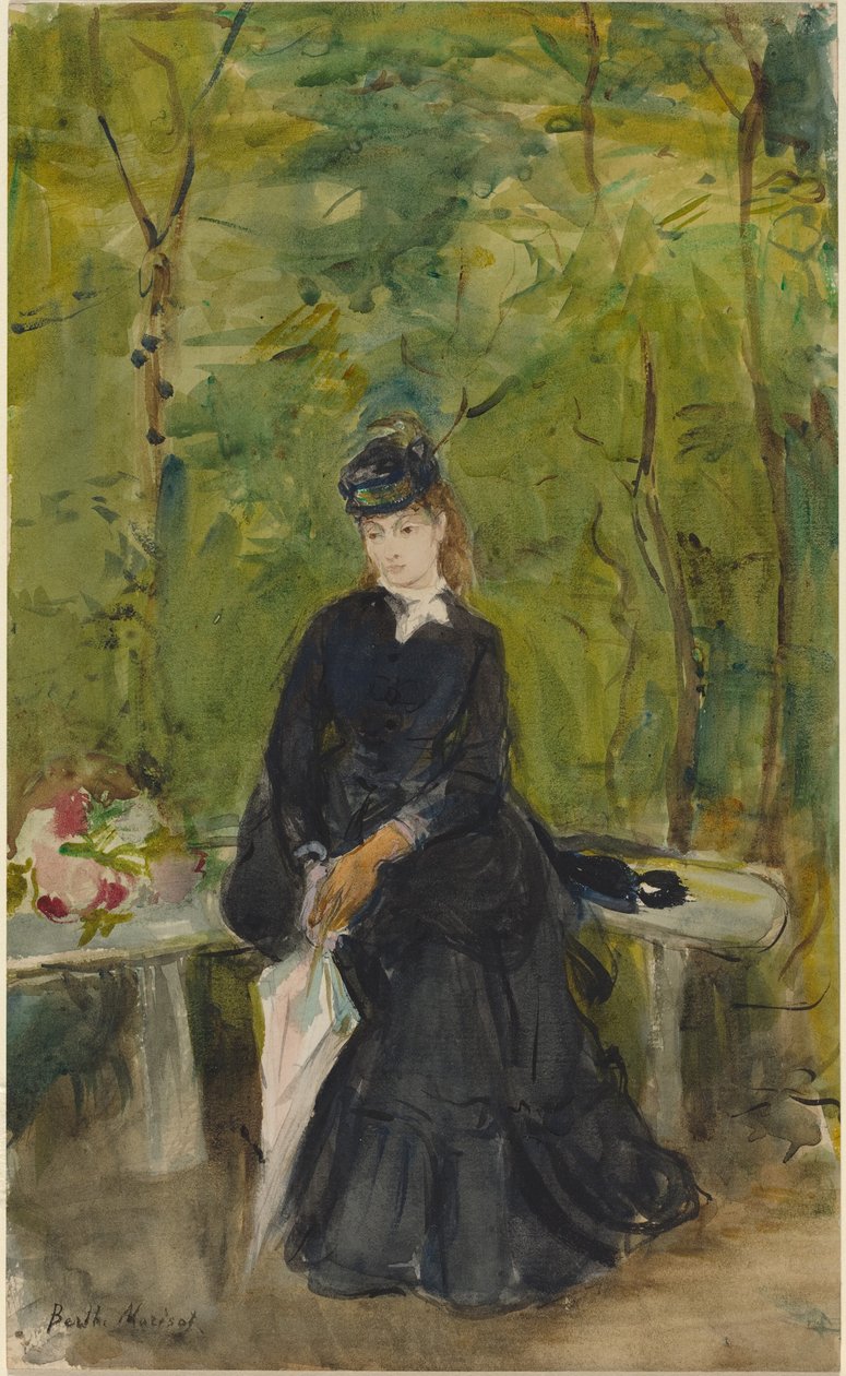 Edma, la hermana del artista, sentada en un banco de Berthe Morisot