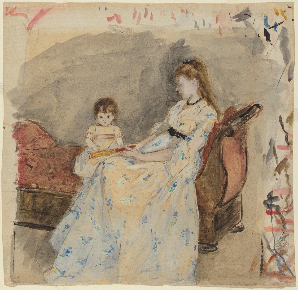 La hermana del artista, Edma, con su hija, Jeanne (anverso); La hermana del artista, Edma, sentada al aire libre (reverso) de Berthe Morisot