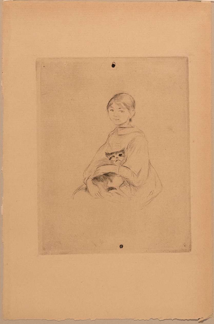 Muchacha con gato, c.1888 (aguafuerte) de Berthe Morisot