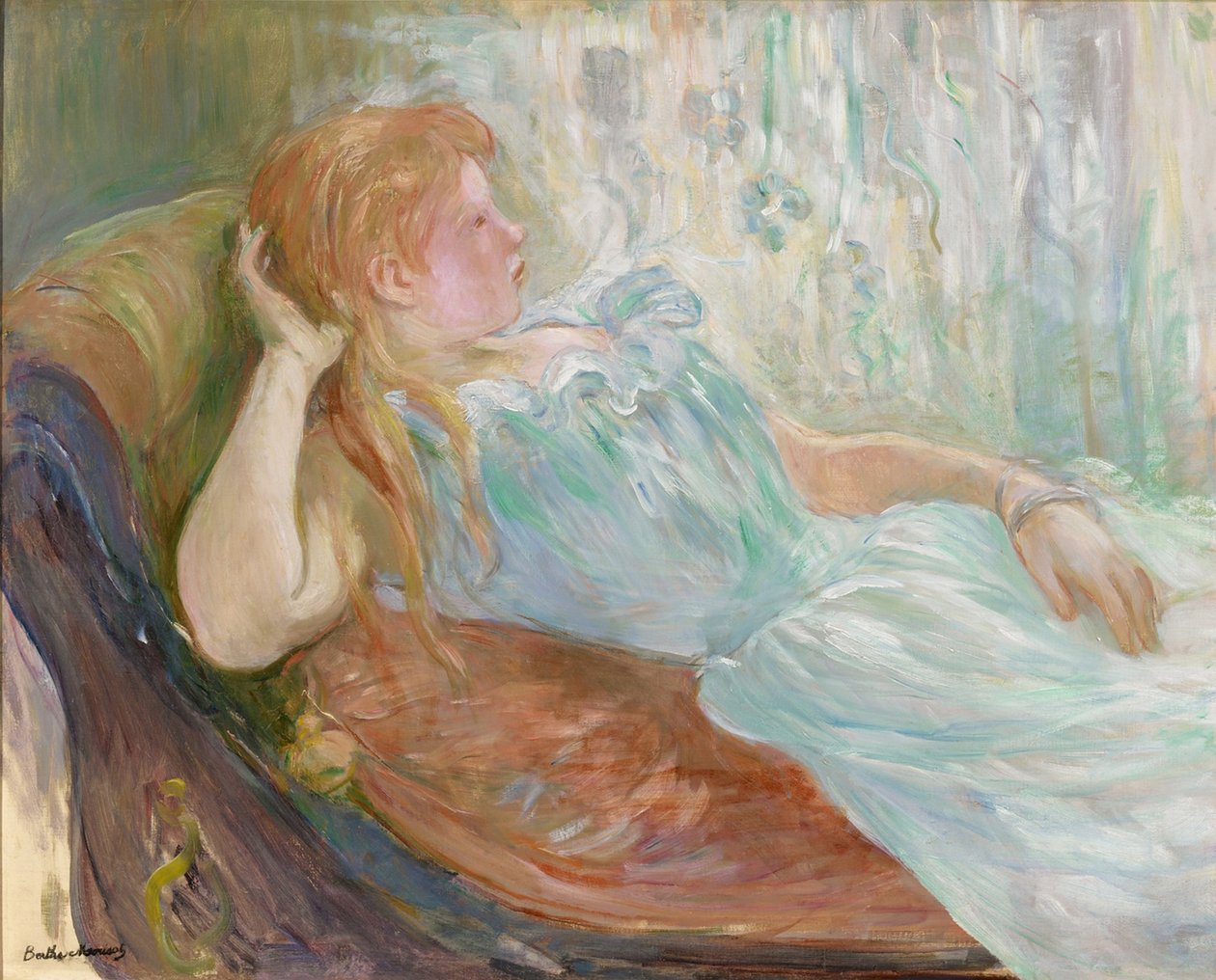 Mujer joven en un sofá de Berthe Morisot