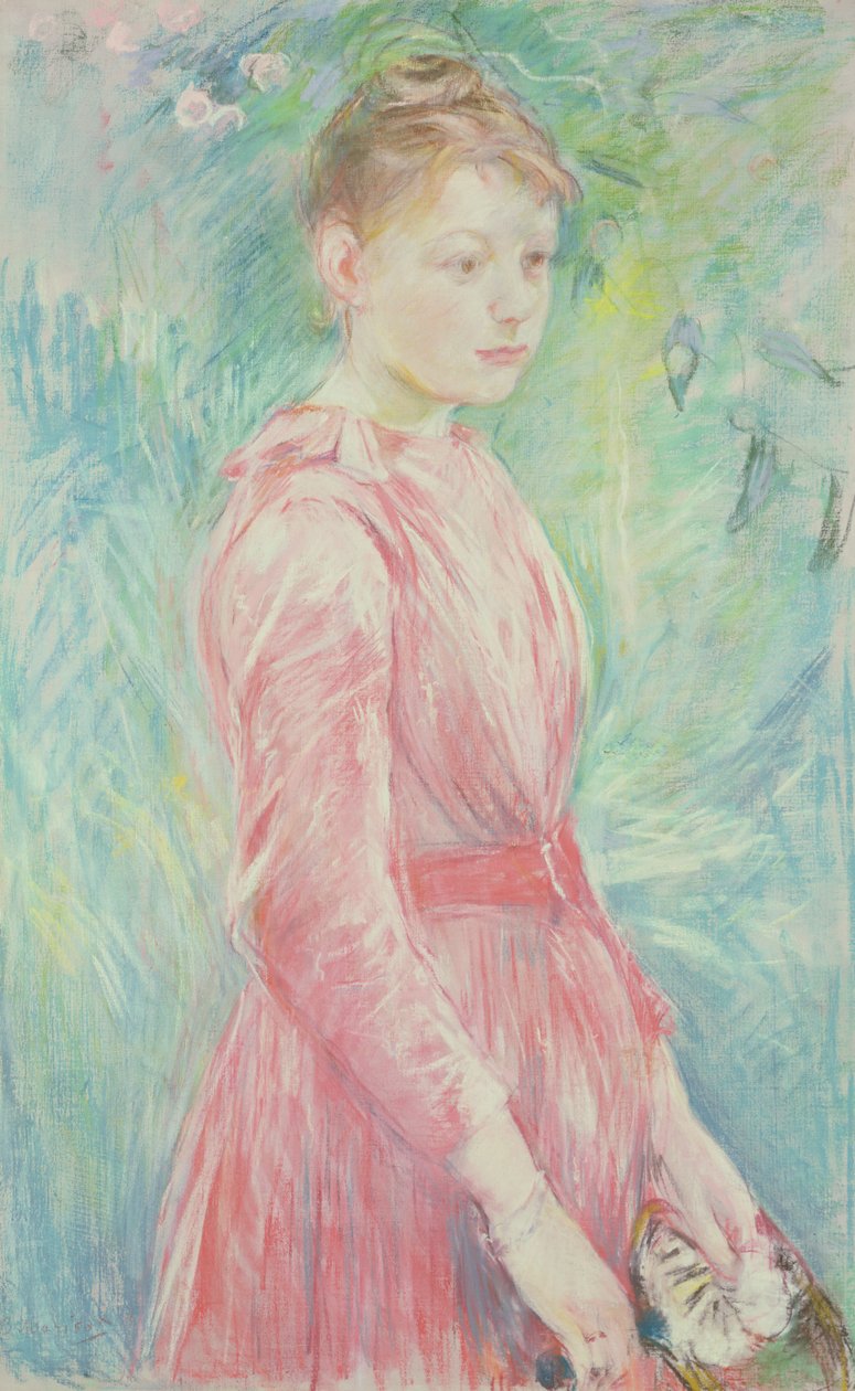 Joven con vestido rosa (pastel sobre papel) de Berthe Morisot