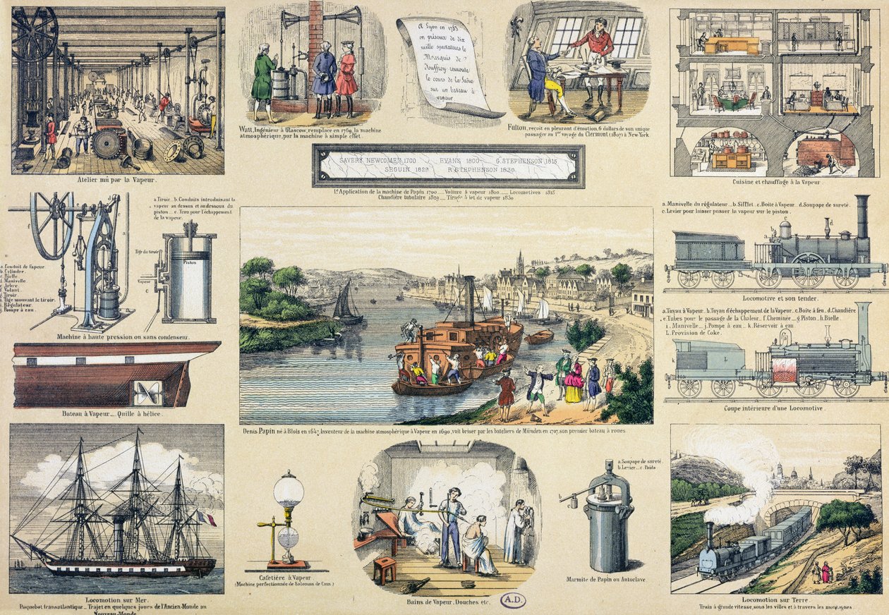 Historia del vapor, ilustración para un libro de texto educativo, mediados del siglo XIX de Bertmont