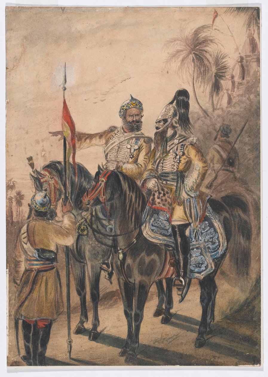 Dos oficiales montados y un sowar desmontado, 4ª Caballería Irregular de Bengala, c.1850 (acuarela) de Bethune Donald Grant