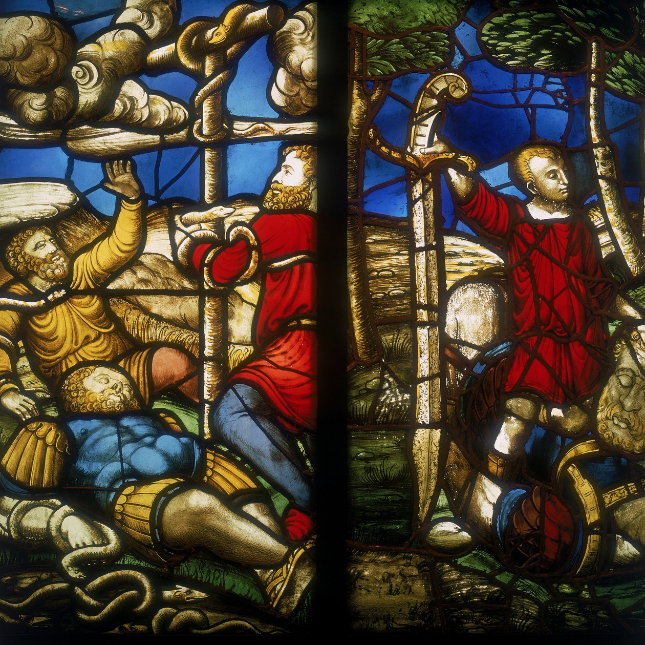 La serpiente de bronce (vidrieras atribuidas a Dirck Crabeth), David y Golia (de Biagio Arcimboldi), Museo de la Catedral, Milán de Biagio & Arcimboldi Giuseppe Arcimboldi