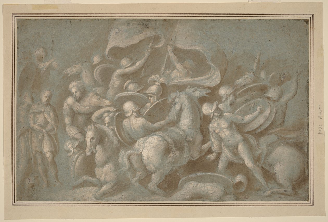 Escena de batalla (pincel y aguada marrón con aguada blanca sobre tiza negra sobre papel azul) de Biagio Pupini