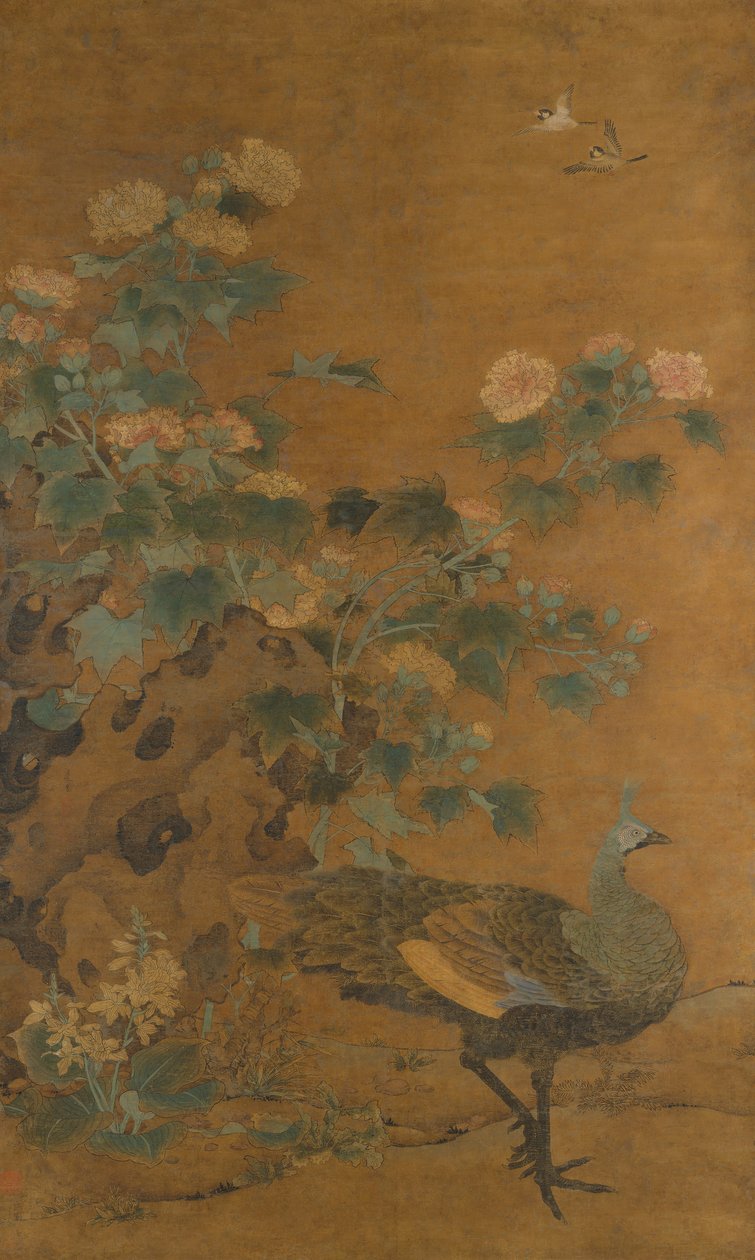 Pavo real y malvarrosas, mediados del siglo XIV de Bian Lu