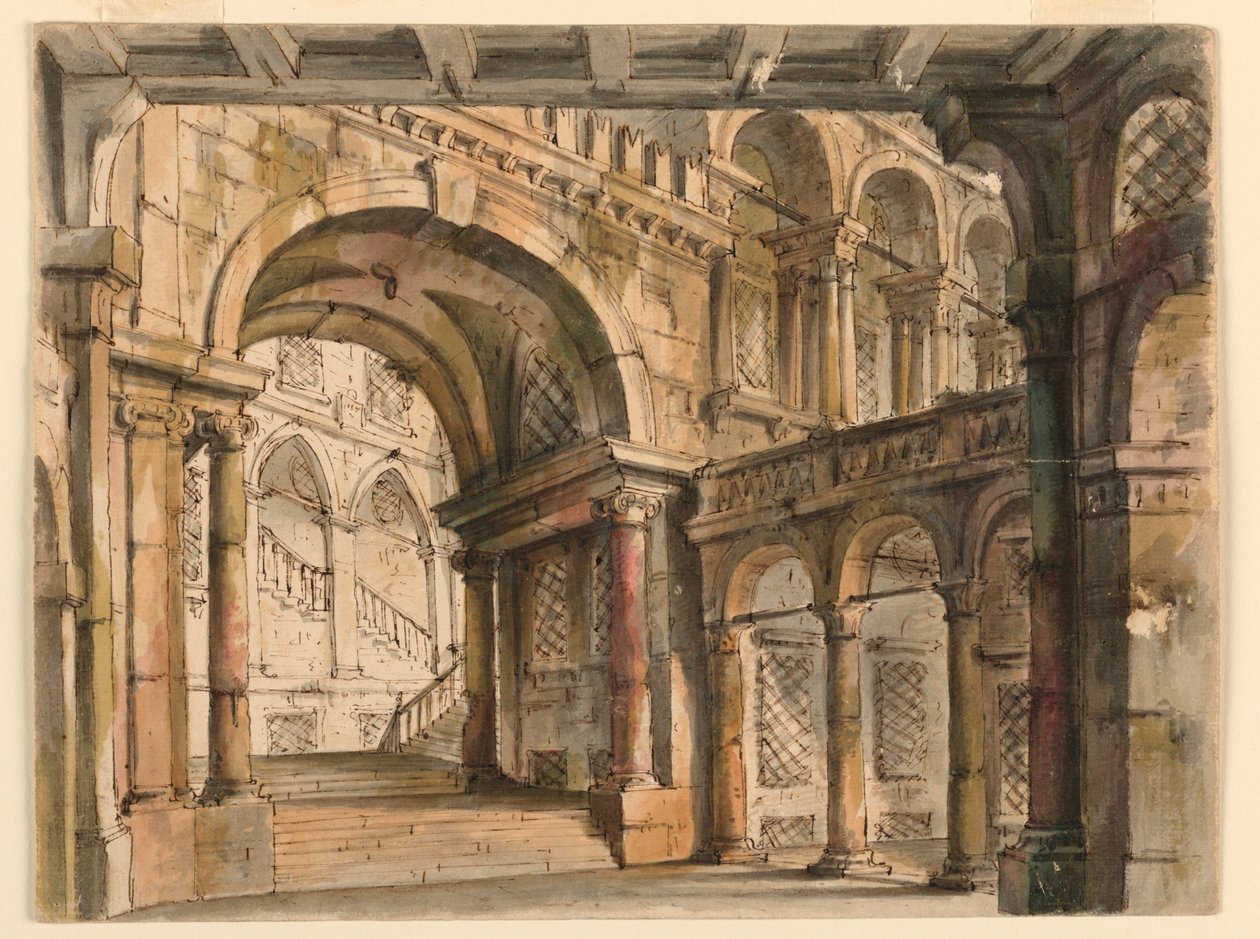 Diseño escénico, patios y escaleras del palacio de Bibiena Family, 1657