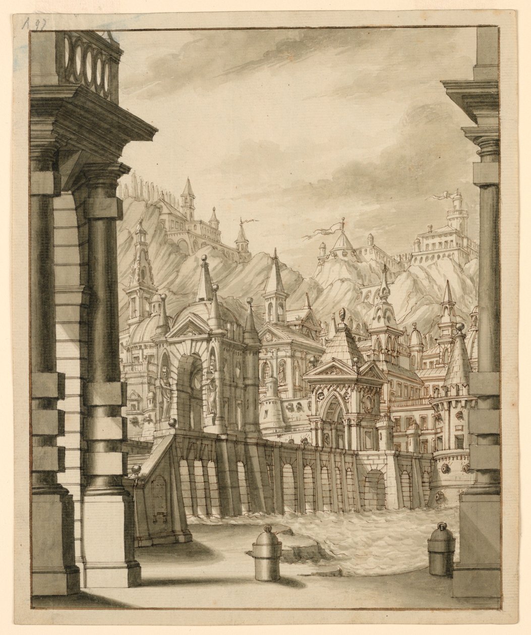 Diseño escénico, ciudad en colina con edificios con torres de Bibiena Family, 1657