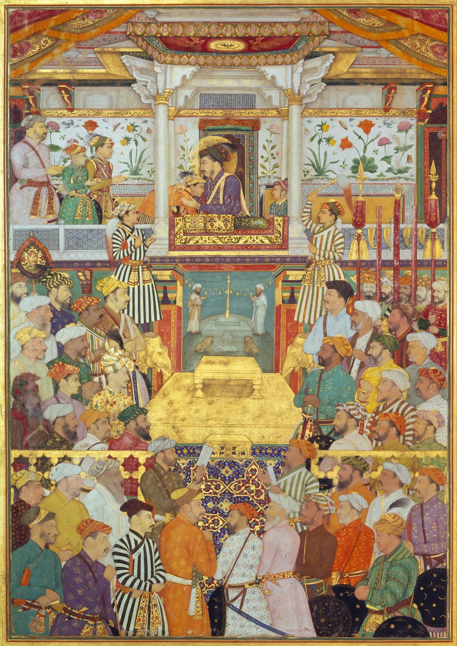 Padshahnama lámina 10: Shah-Jahan recibe a sus tres hijos mayores y Asaf Khan durante sus ceremonias de ascensión (8 de marzo de 1628) de Bichitr
