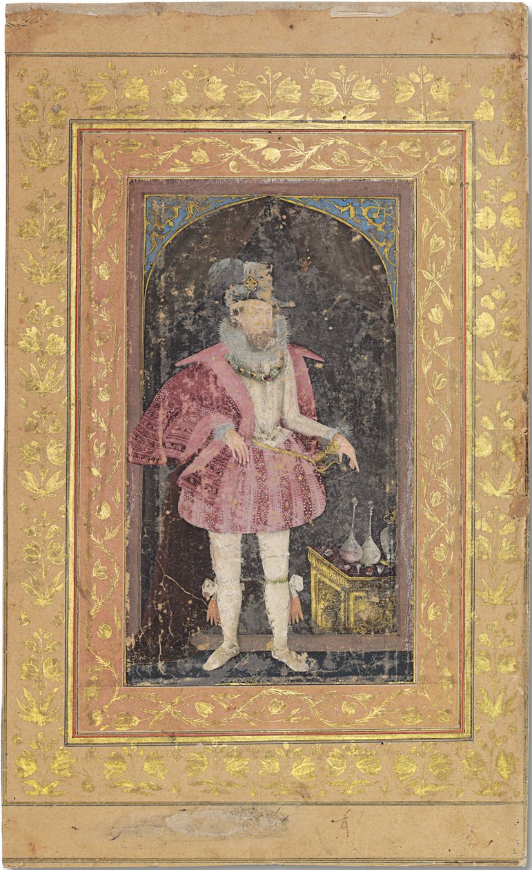 Raro retrato mogol de Jaime I, c.1615-18 (pigmentos opacos realzados con oro sobre papel) de Bichitr Bichitr