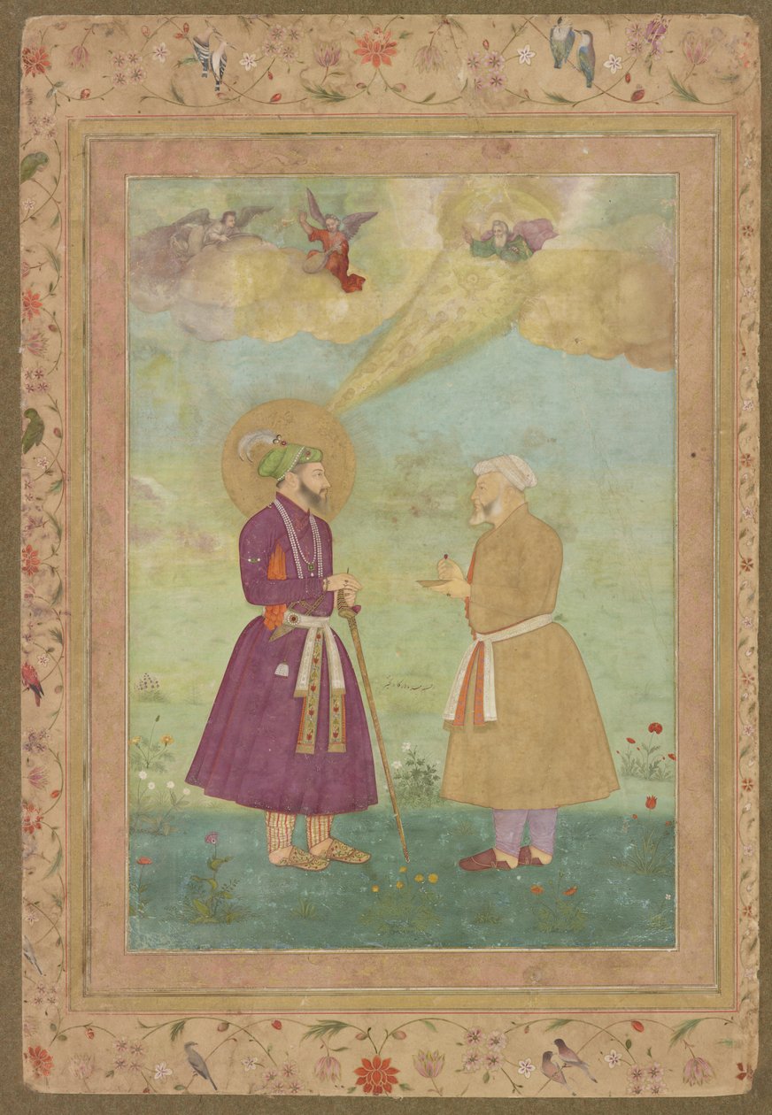 Shah Jahan con Asaf Khan del último Álbum de Shah Jahan, folio manuscrito desprendido, c.1640 (acuarela opaca, tinta y oro sobre papel montado en cartón) de Bichitr Bichitr