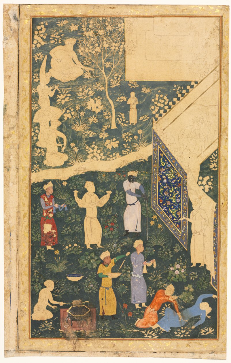Músicos y sirvientes fuera de un campamento real, c. 1485 de Bihzad