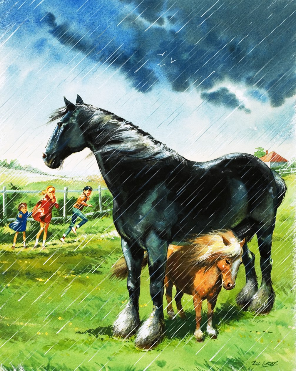 Un potro se refugia del mal tiempo debajo de otro caballo de Bill Lacey