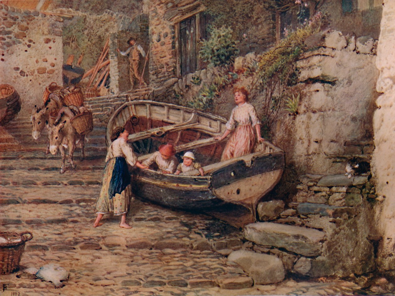 Vista en Clovelly, con barco varado y figuras, 1882, 1935 de Birket Foster