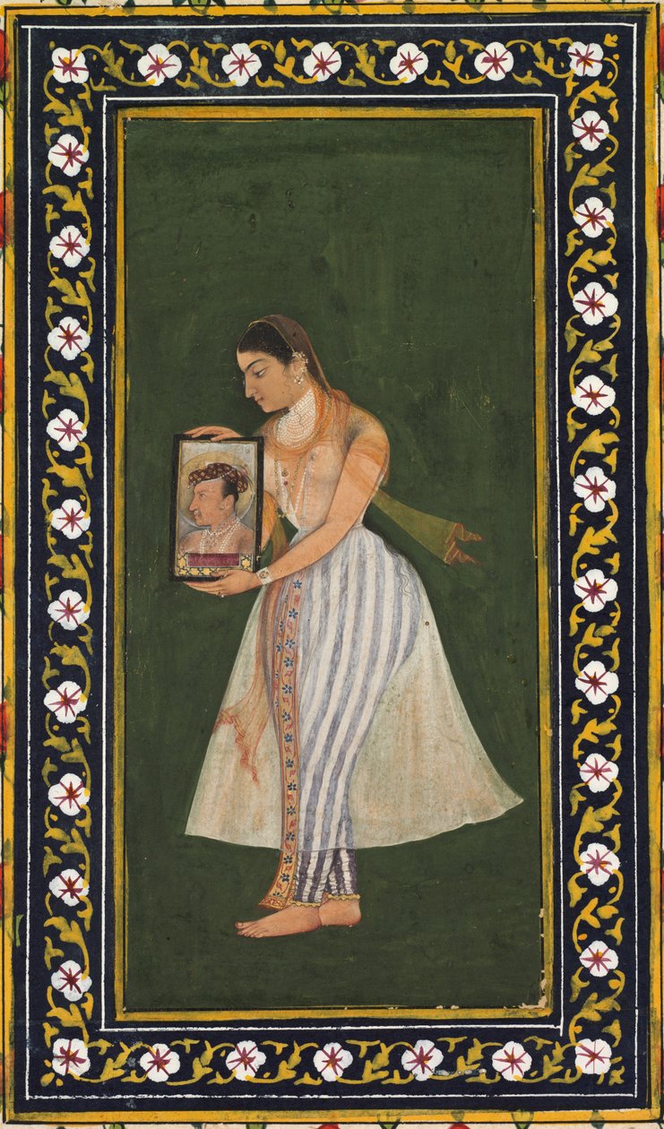 Nur Jahan, sosteniendo un retrato del Emperador Jahangir, c. 1627 de Bishandas