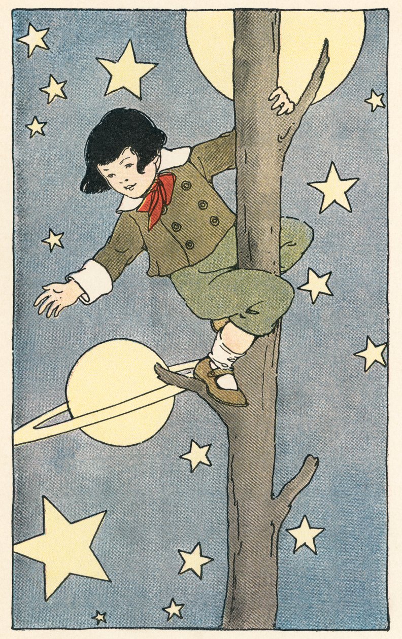 Niño trepando a un árbol entre las estrellas y planetas de Blanche Fisher Wright
