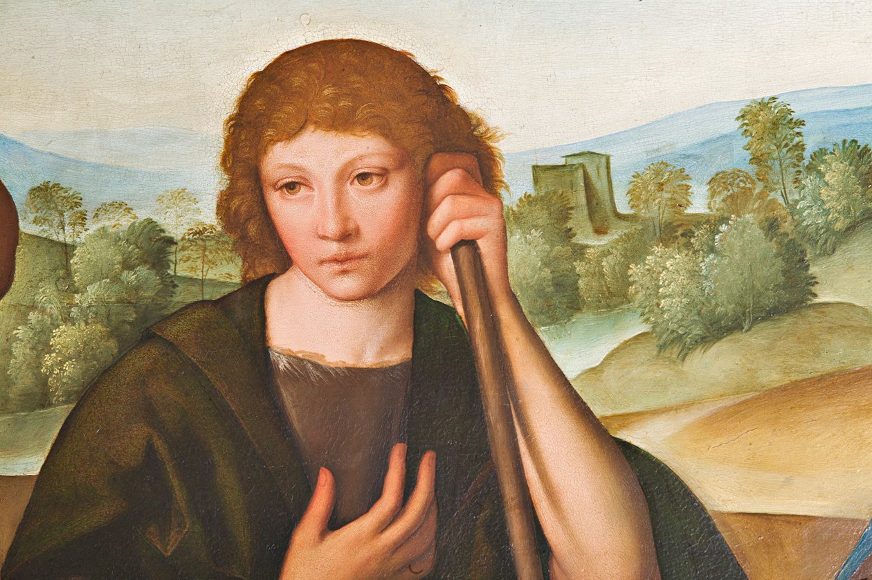 Adoración de los pastores Virgen con el Niño Jesús y dos pastores, detalle de 2384594 de Boccaccio Boccaccino