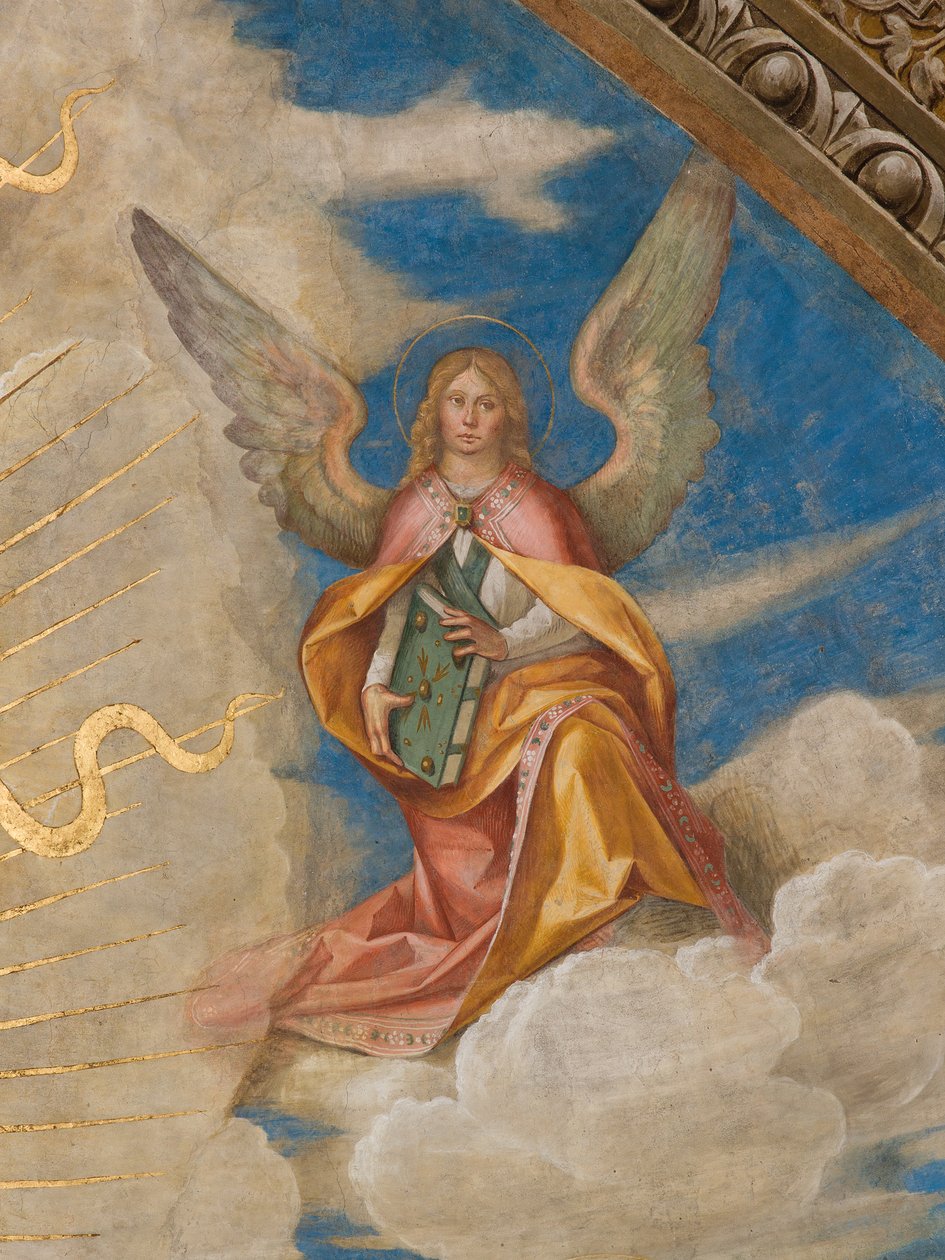 Ábside, Catino Ábside, Pantocrátor entre los Santos Marcellino, Imerio, Omobono, Pedro Exorcista (detalle ángel derecho) de Boccaccio Boccaccino