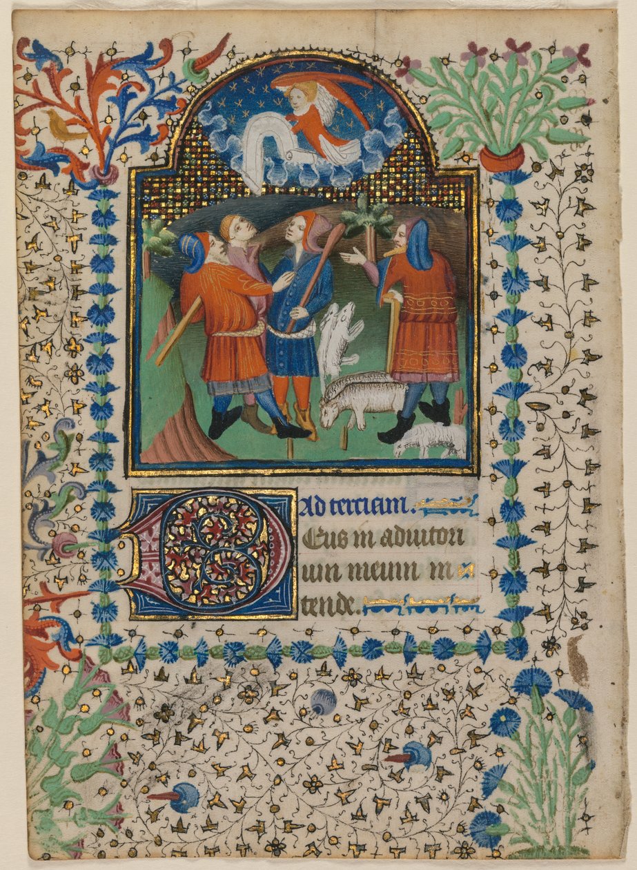Hoja de un Libro de Horas: Anunciación a los pastores recto, c. 1410-20 de Boethius Illuminator