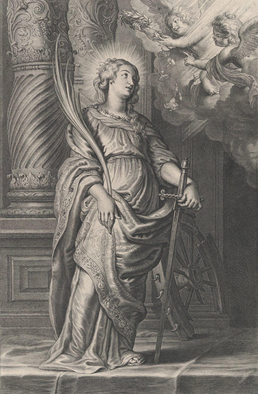 Santa Catalina sosteniendo hojas de palma y una espada, dos putti sobre ella sosteniendo una laure..., ca. 1625-59 de Boetius Adams Bolswert