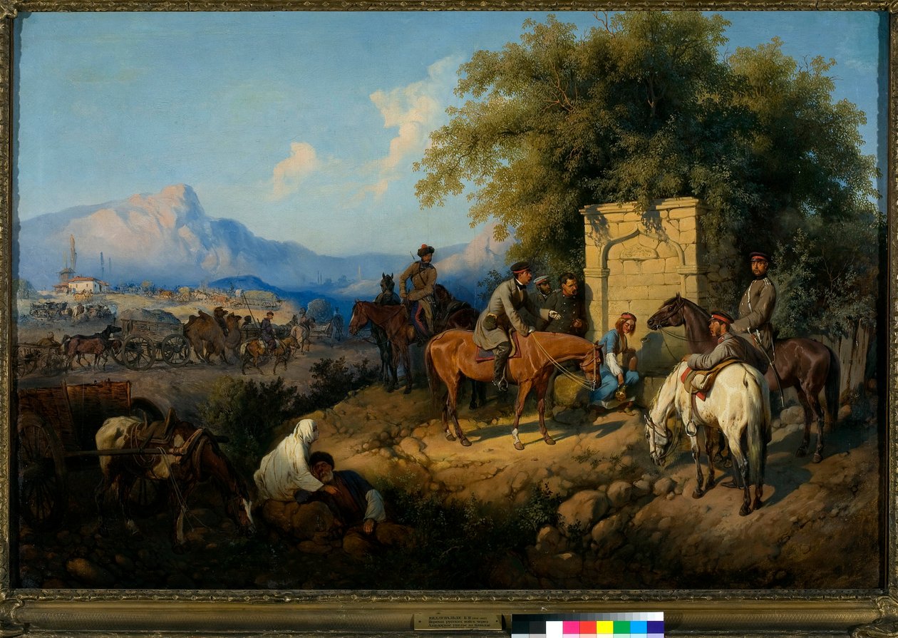 Tropas rusas cruzan las montañas del Cáucaso en Adjara (Georgia) (Las fuerzas rusas cruzan las montañas del Cáucaso en Adjara) (Rebelión de las tribus del Cáucaso entre 1830 y 1860) - Pintura de Gottfried (Bogdan Pavlovich) Willewalde (1818-1903), óleo de Bogdan Willewalde