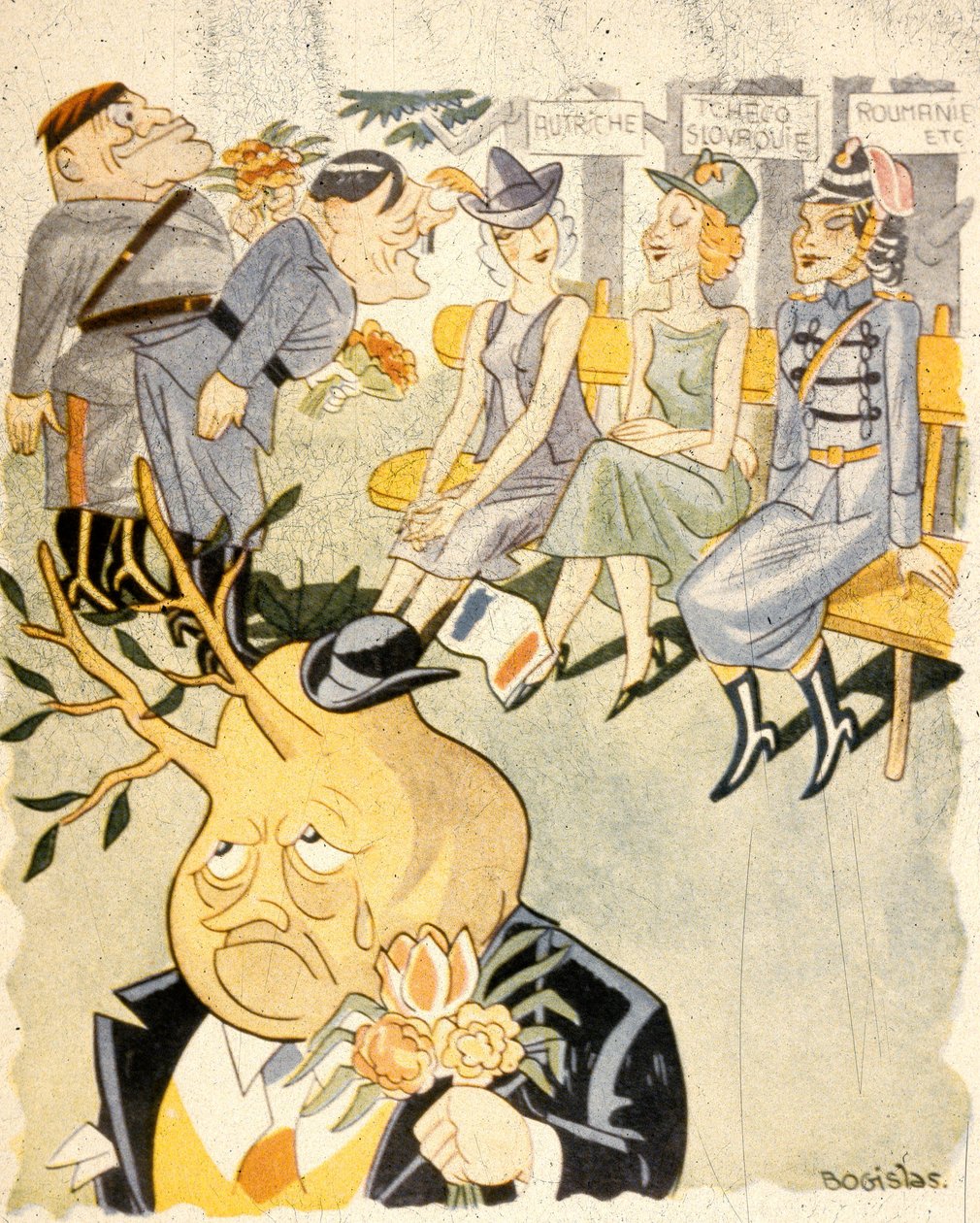 Caricatura que representa a Alemania cortejando a las mujeres, como personificaciones de Austria, Checoslovaquia y Rumanía. de Bogislas