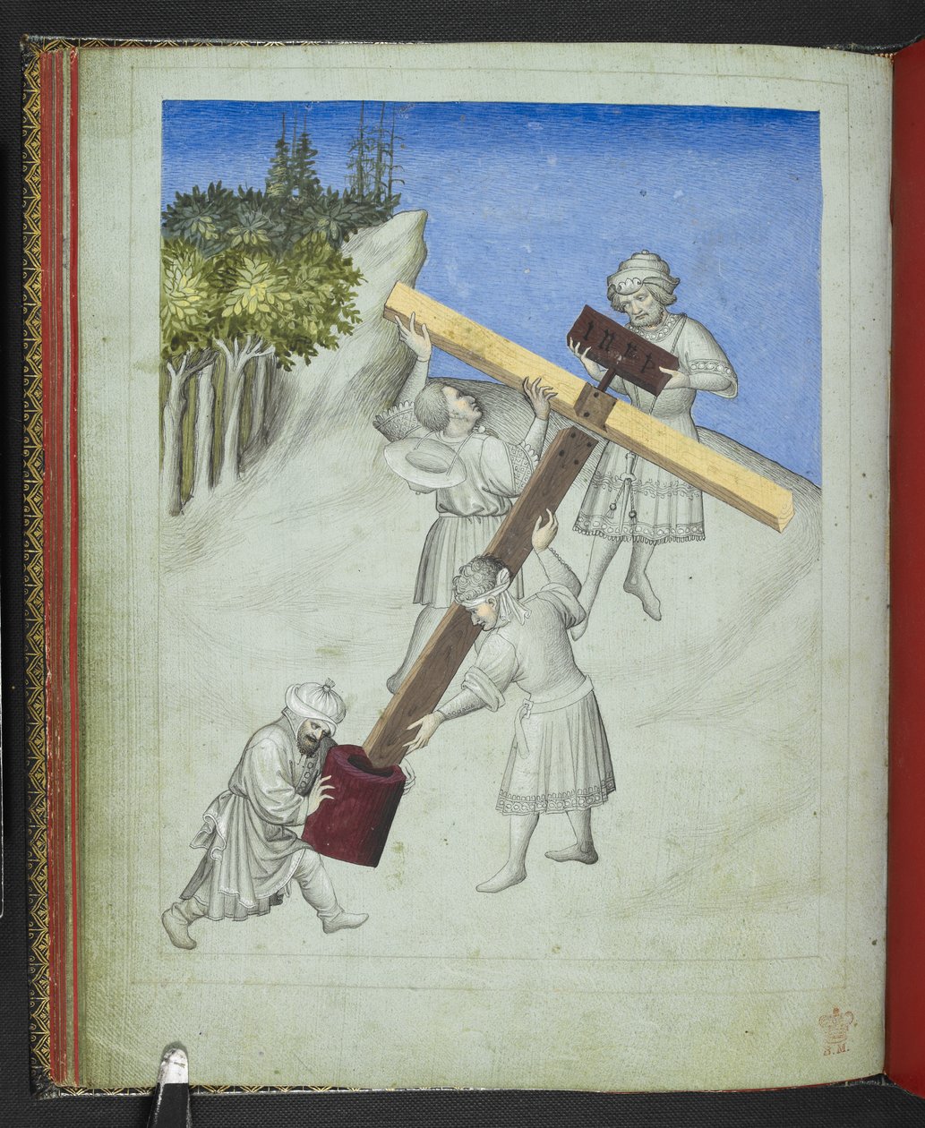 Add 24189, f.11v, El ensamblaje de la cruz de Cristo, de cuatro tipos diferentes de madera, representados en diferentes colores, del 