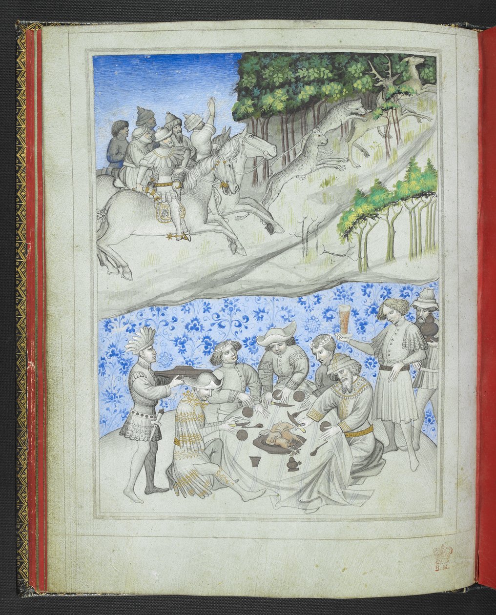 Add 24189, f.5v, Recreación en Chipre con, arriba, una cacería de ciervos usando leopardos y, abajo, una fiesta, del 